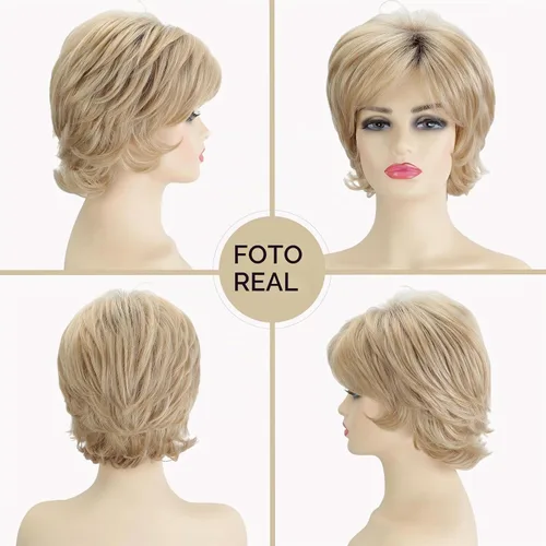 Vista 2 de TISHINING Pelucas Rizadas Cortas de Corte Pixie Ombre Rubias para Mujeres Blancas Peluca Rubia Mixta Esponjosa en Capas con Flequillo de Aspecto