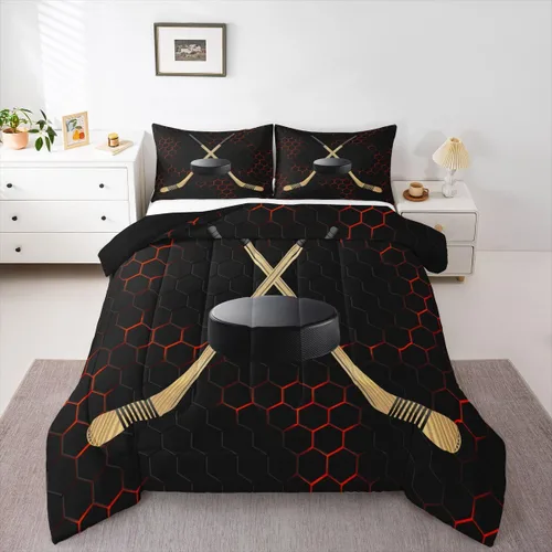 Vista 11 de Juego de edredón de panal negro y rojo para adolescentes, jóvenes y adultos, juego de ropa de cama de fútbol y fútbol, juegos de edredón hexagonales