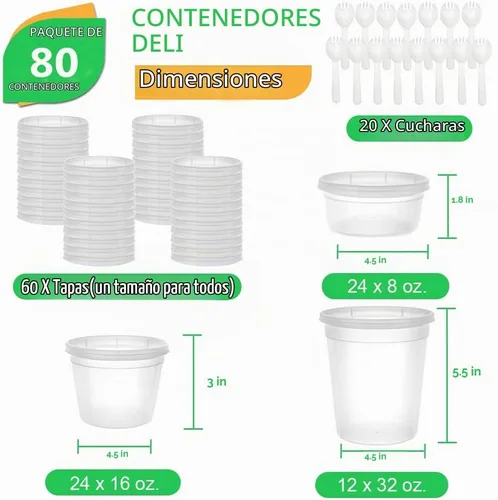 Vista 4 de [80 juegos combinados] Contenedores de almacenamiento de alimentos con tapas, 8 oz, 16 oz, 32 oz, recipientes de plástico para delicatessen
