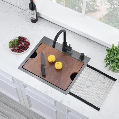 Vista 4 de Fregadero de cocina/bar negro empotrable de 20 x 17 pulgadas, estación de trabajo de acero inoxidable calibre 16, fregadero pequeño para cocina
