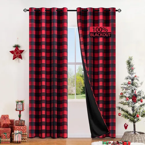Vista 10 de MIULEE Cortinas opacas a cuadros para dormitorio rural, cortinas opacas con ojales para sala de estar, bloqueo de luz y aislamiento térmico, juego
