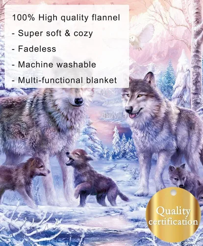 Vista 5 de KYKU Mantas y mantas de lobo rosa, manta de vellón de lobos con animales decorativos de nieve para adultos y niños, diseño de amor familiar, bonito