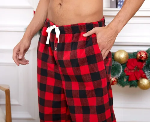 Vista 2 de U2SKIIN Pantalones de pijama de forro polar para hombre, pantalones de Buffalo Plaid-rojo