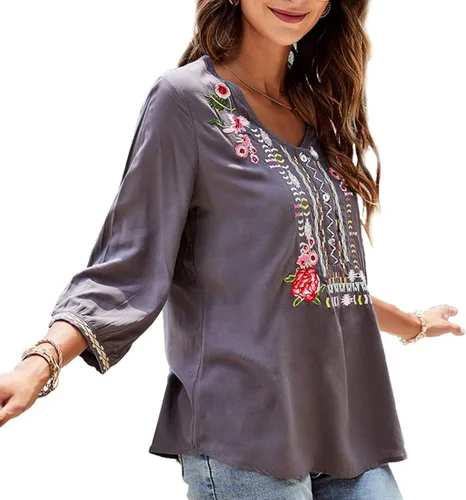 Vista 3 de AK Blusas bordadas estilo bohemio para mujer, manga 34, estilo campesino, estilo bohemio, holgadas.