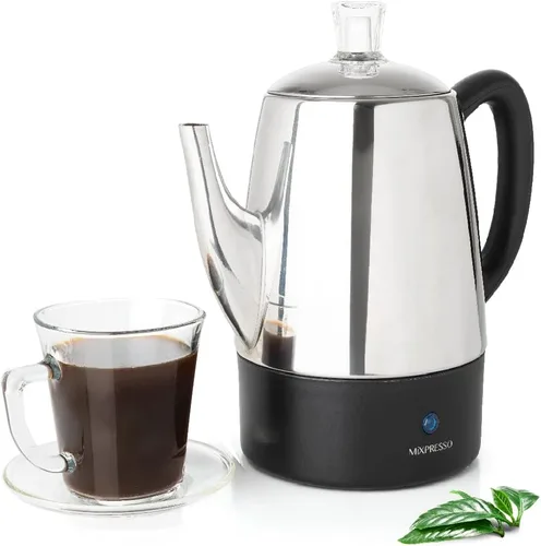 Vista 9 de Mixpresso - Cafetera eléctrica pequeña, acero inoxidable, 4 tazas Coffee percolator electric keep warm function, removable basket, classic