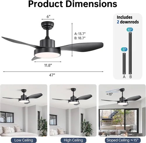 Vista 8 de Sofucor Ventilador de techo de 47 pulgadas con luces de montaje empotrado, modernos ventiladores de techo para exteriores con control remoto, 3CCT