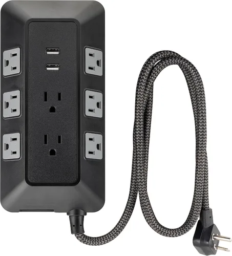 Vista 2 de GE SurGE - Tira de alimentación protectora con puertos USB, cable de extensión trenzado de 3 pies, 1780 julios, extensor de 8 tomas, 2 puertos