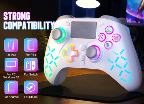Vista 2 de Gamrombo Gaming Controller for PlayStation 5 PS5, PS4PS3PCSwitchSteam DeckMacAndroidiOS with RGB LED Lights, Hall Triggers, Hall Joysticks, Marco