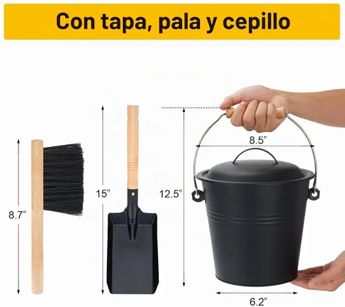 Vista 2 de Cubo de cenizas de metal de 1.5 galones con tapa, pala, escoba - Para chimeneas, estufas de leña