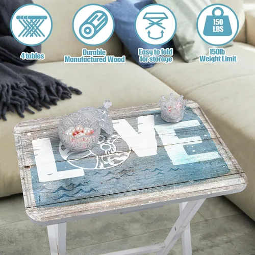 Vista 3 de Sintuff Juego de 4 bandejas de TV de playa costeras con soporte, cabo, artesanos, sirena, plegable, de madera, decorativa, mesa de comedor, casa