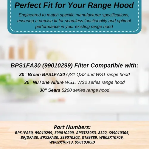 Vista 3 de Broan Model BPS1FA30 - Filtro de grasa para campana extractora BPS1FA30, S99010299, repuesto para NuTone Allure 30 pulgadas WS1 QS2 y Broan QS1 30