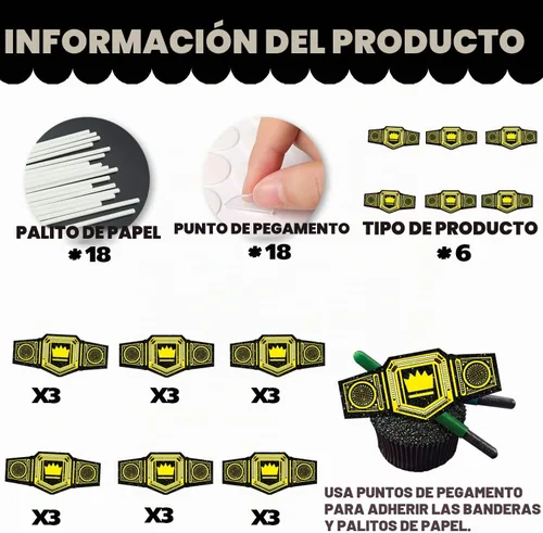 Vista 4 de 18 piezas de cinturón pesado con purpurina dorada para postre para cupcakes, decoración temática de campeón de lucha libre, suministros