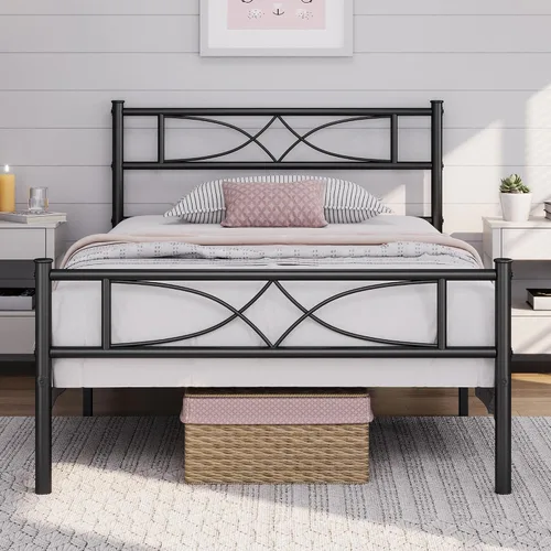 Vista 14 de Yaheetech Base de cama de metal individual, base de cama con plataforma, base de colchón con cabecera y estribo de diseño curvo, soporte resistente