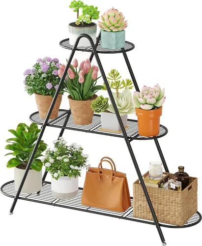 Vista 9 de Soporte de 3 niveles para plantas, estante de metal para plantas, resistente para interiores y exteriores, estante para múltiples macetas