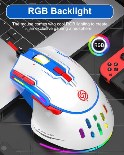 Vista 6 de Ratón para juegos con cable RGB, mouse de computadora programable de 9 teclas con 6 DPI ajustables hasta 6400, hueco de panal, luces LED coloridas
