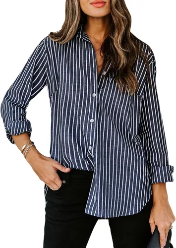 Vista 22 de Siliteelon - Camisas de botones para mujer, camisa de vestir a rayas de algodón, de manga larga, cuello con solapa, para oficina y trabajo