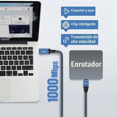 Vista 2 de Cable USB C a Ethernet, cable tipo C a RJ45 de 2 pies, cable USB C a Gigabit Ethernet compatible con Thunderbolt 3/4, conectado directamente a