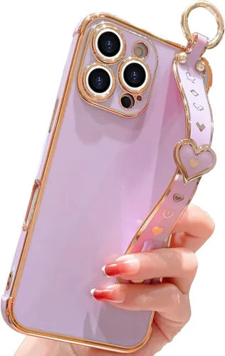 Vista 31 de IDweel Funda para iPhone 11 Pro Max con correa de pulsera ajustable, lazo atril, chapado de lujo de corazón, esquinas elevadas, a prueba de golpes