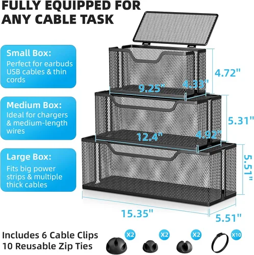 Vista 3 de Marbrasse Paquete de 3 cajas de organización de cables, caja organizadora de cables de malla metálica para cables de TV, ocultación eléctrica