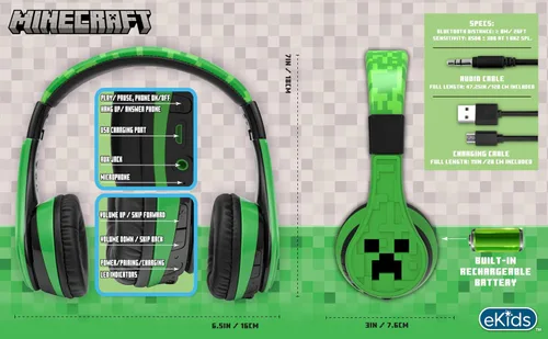 Vista 6 de eKids Minecraft - Auriculares inalámbricos Bluetooth con micrófono, reducción de volumen para la escuela