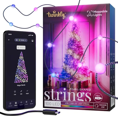 Vista 10 de Twinkly Strings - Cadena de luces en forma de vela USB-C con 100 LED RGB, 20 pies. Cable verde. Controlado por aplicación. Alimentado por USB-C.