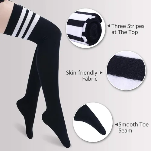 Vista 4 de Calcetines altos por encima de la rodilla, para mujeres y niñas, extra largos, a rayas, para cosplay, cosplay, medias altas hasta el muslo, 3 pares
