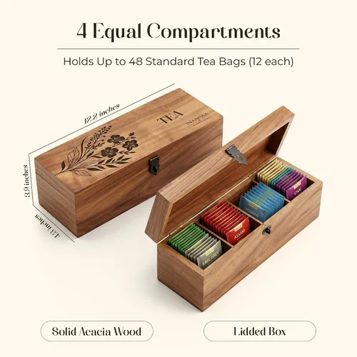 Vista 4 de Organizador de té de madera de acacia hecho a mano, caja de té de 4 compartimentos con grabado (floral clásico, 4 compartimentos)