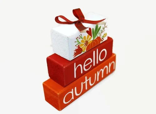 Vista 3 de Pumpkin Hello Autumn WoodenBlock Shelf Sitter Stack Tiered Tray Office Mantel Sign Décor Fall Red Orange