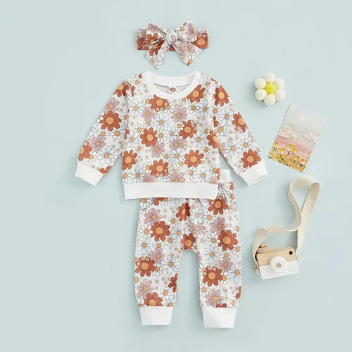 Vista 2 de Sudadera con estampado de flores para bebé niña, sudadera con bolsillo y diadema para otoño e invierno