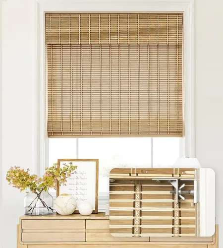 Vista 11 de LazBlinds - Cortinas romanas de bambú personalizadas sin cordón, tratamiento de ventana con filtro de luz, persianas enrollables de bambú retro