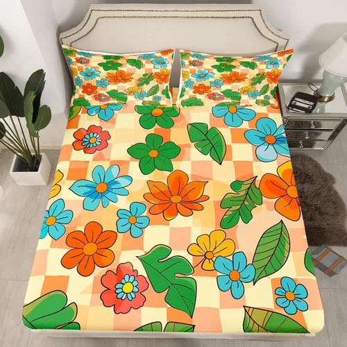 Vista 26 de Juego de ropa de cama con diseño floral bohemio, tamaño individual, diseño retro de flores groovy, 60S y 70S, diseño de flores hippie para niños