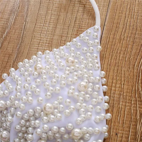 Vista 3 de Olaimisord Traje de baño de dos piezas con perlas brillantes para mujer, conjunto de bikini con cordón triangular