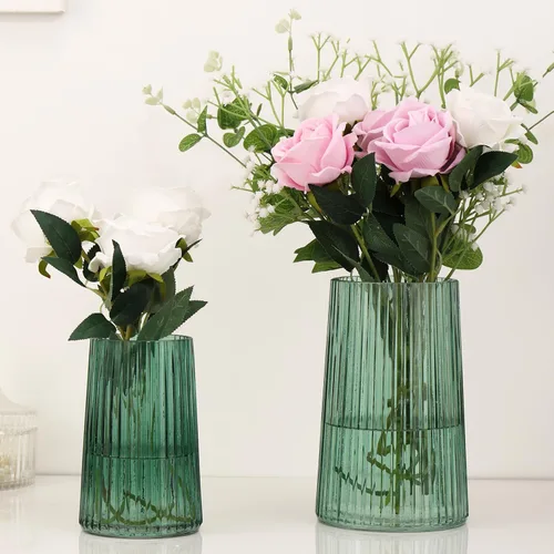 Vista 42 de Jarrón de vidrio ámbar para flores, florero para ramo, jarrones de vidrio modernos, jarrones acanalados para sala de estar, dormitorio, mesa