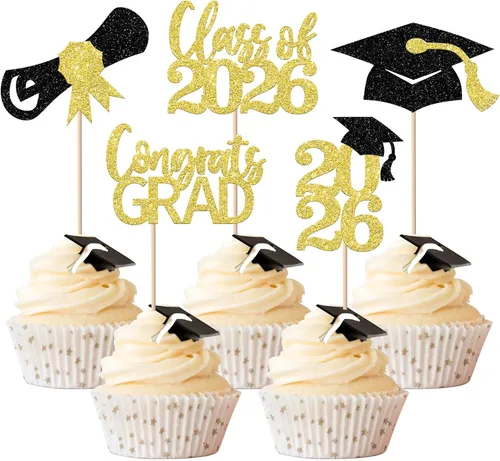 Vista 53 de Paquete de 24 adornos para cupcakes de clase de 2026 con purpurina 2026 para diploma de graduación 2026, selecciones para cupcakes para graduación