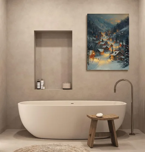 Vista 3 de Arte de pared de pueblo de invierno, encantadoras casas de pueblo cubiertas de nieve, escena nocturna acogedora, arte de pared, decoración navideña
