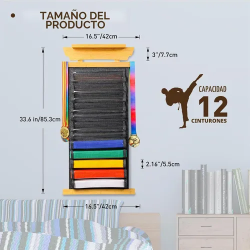 Vista 2 de Tilhumt 10/12 Belts Karate Belt Display Rack with Photo Shelf, Felt Taekwondo Belt Display Rack Martial Arts Belt Display for Adults TKD, BJJ