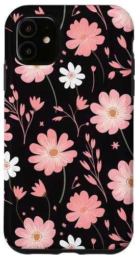 Vista 5 de iPhone 14 elegante flores rosas sobre un fondo negro patrón floral caso