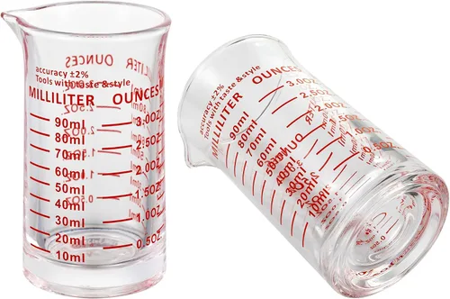 Vista 3 de Ackers - Vaso medidor de vidrio de 3 onzas líquidas, vaso de chupito con doble escala, marcas de ml para cocina y bar (paquete de 2)