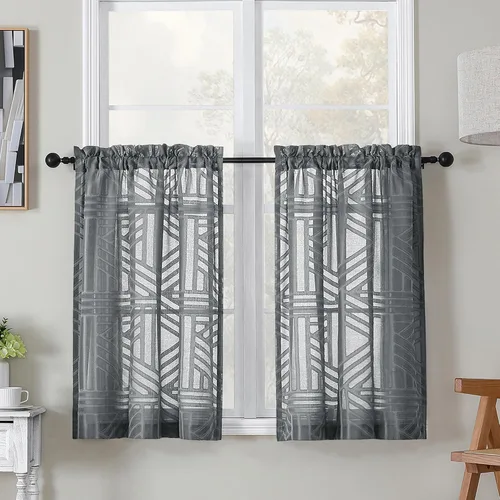 Vista 78 de Simplebrand Cortinas traslúcidas negras de cocina de 24 pulgadas de largo, 2 paneles, filtrado de luz, geométrico jacquard con textura, cortinas
