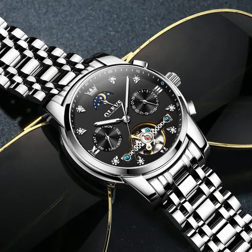 Vista 5 de OLEVS Men Automatic Watch Skeleton Moon Phase Dial Luxury Dress Stainless Steel Strap 5 Hands Diamond Men Wrist Watches