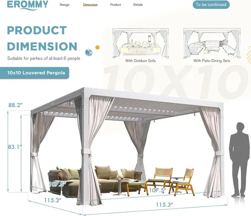 Vista 2 de EROMMY Pérgola con Persianas de 10x10 Pies, Refugio de Sombra Solar para Exteriores con Marco de Aluminio y Techo de Metal Ajustable Resistente a
