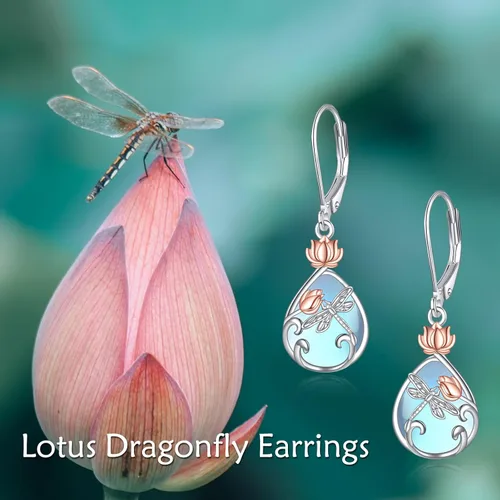 Vista 2 de AOBOCO Aretes de plata de ley 925, diseño de mariposa, libélula, abeja, mariquita, flor de tulipán, flor de loto, filigrana, lágrima, piedra lunar