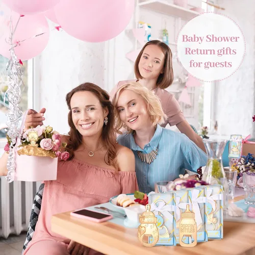 Vista 7 de Abrebotellas de bebé, 24 piezas, llavero con huella de oso y niño, abrebotellas con caja de regalo azul, recuerdos de fiesta de baby shower