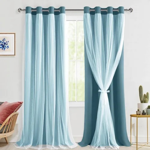 Vista 87 de Hiasan Cortinas opacas con superposición transparente, aislamiento térmico para mezclar y combinar de doble capa, cortinas de oscurecimiento de Beige