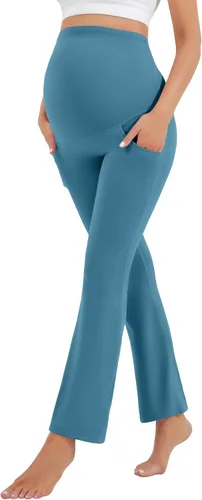 Vista 5 de HEGALY Leggings acampanados de maternidad para mujer sobre el vientre, pantalones casuales de yoga para embarazo, con bolsillos, suaves como