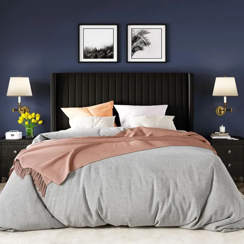 Vista 3 de Allewie - Base de cama tamaño Full con cabecera tapizada en terciopelo y diseño acanalado vertical; plataforma de cama tapizada; listones de madera