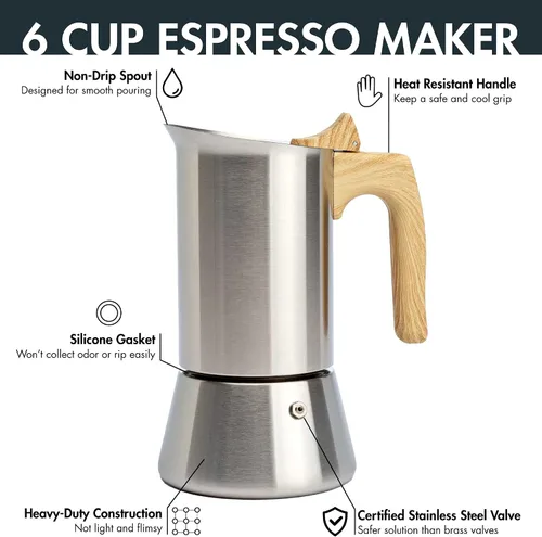 Vista 2 de Primula Cafetera y cafetera de acero inoxidable de alta calidad, olla moka para café clásico italiano, 6 tazas, mango de aspecto de madera