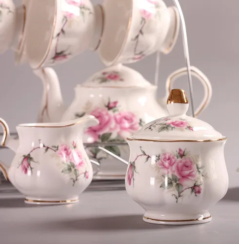Vista 3 de Juego de tazas de café europeas de China de 15 piezas, juego de tazas de té de porcelana de cerámica con soporte de metal, juegos de regalo de té
