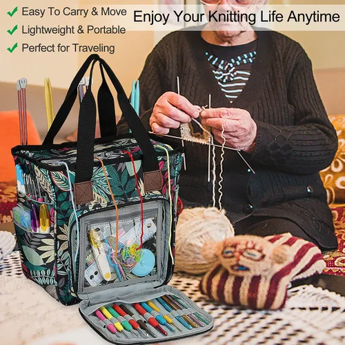 Vista 2 de Coopay Bolsa de ganchillo y tejer, organizador de viaje para manualidades, ganchos, agujas, madejas, pintura de diamantes, suministros (verde bosque)