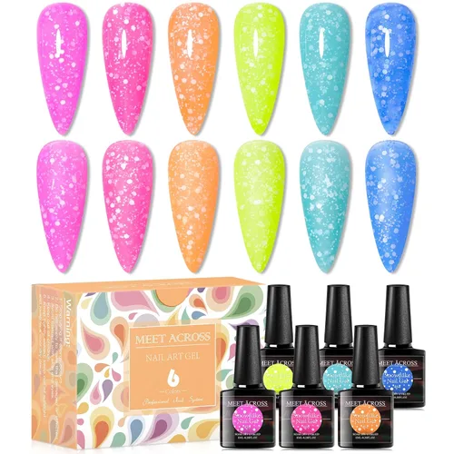 Vista 8 de MEET ACROSS Jelly Eggshell - Juego de 6 esmaltes de uñas de gel, color rosa, verde, morado, esmalte de gel agrietado, colección de macarrones